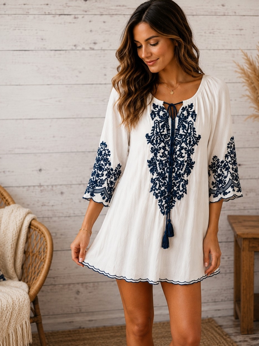 Chic Connection White & Navy Embroidered Boho Mini Dress Medium